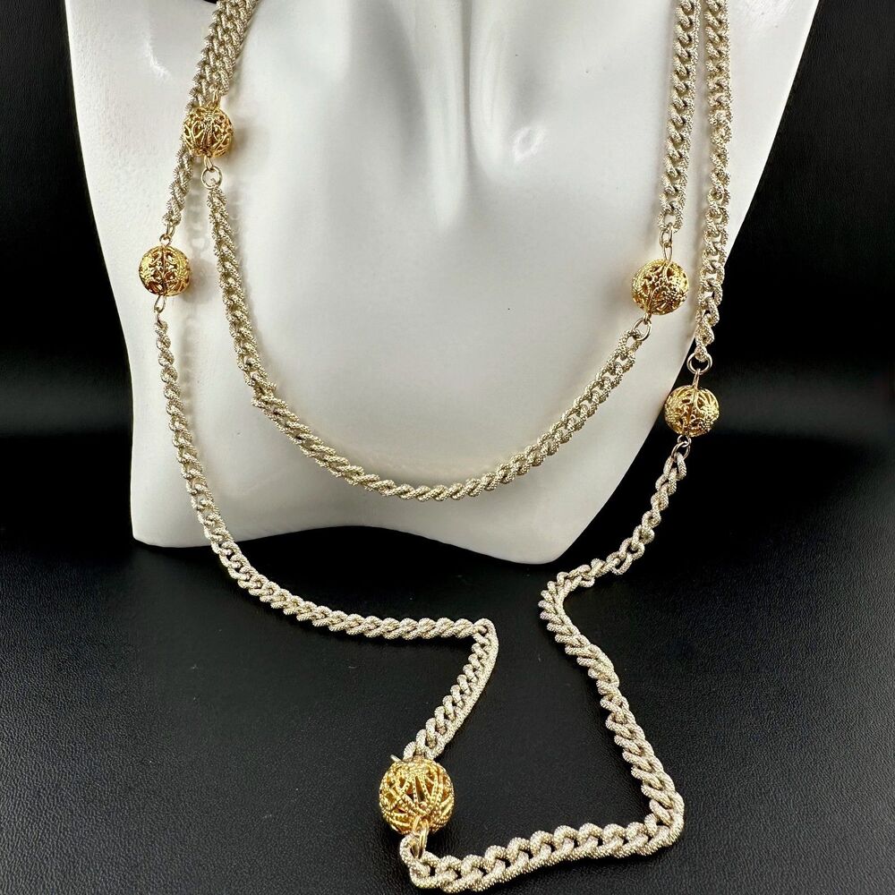Vintage Chain Necklace Textured Gold Tone Filigree Station Ball Long Flapper 52"